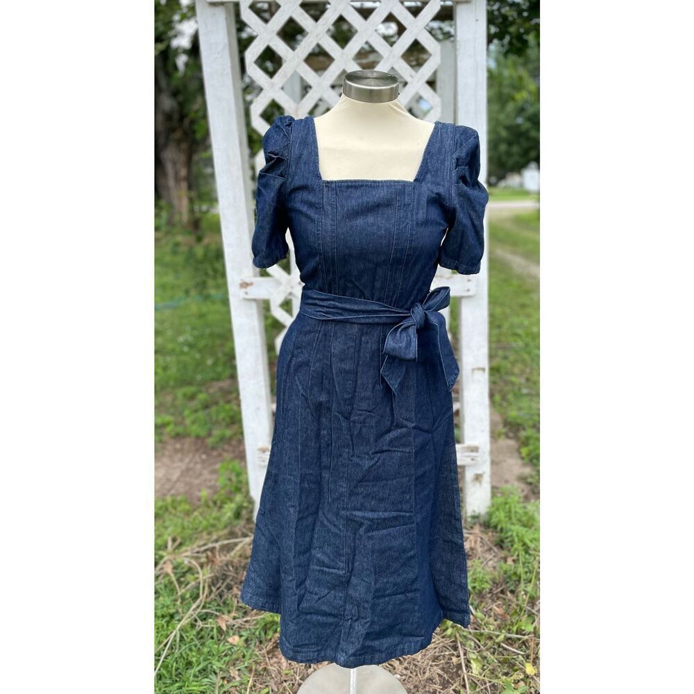 Who What Wear Denim Square Neck MIDI Dress Puff Sleeve Pockets XS
